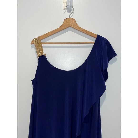 Betsy & Adam One-Shoulder Navy Blue Dress With Gold Sequin Strap size 14 - Picture 2 of 10